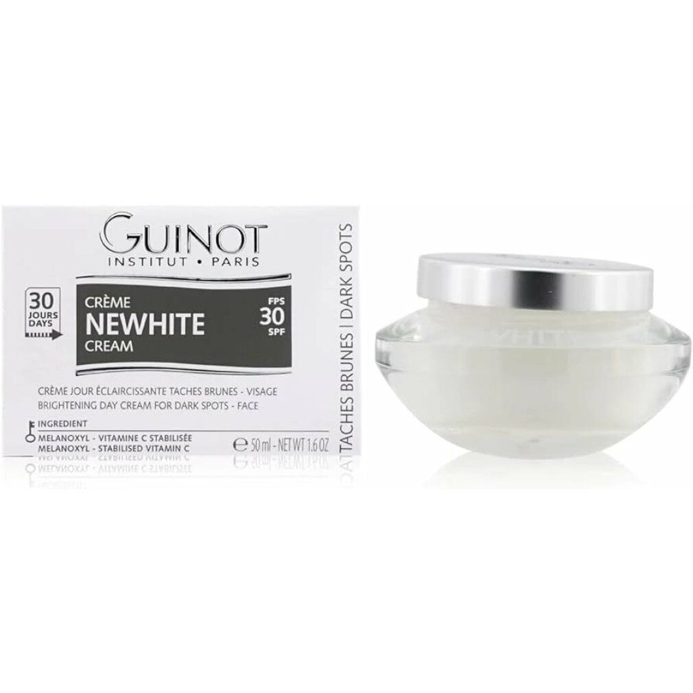 Crèmepot en doos. Op de doos staat "GUINOT", "NEWWHITE CREAM" en "SPF 30". De pot staat ernaast.