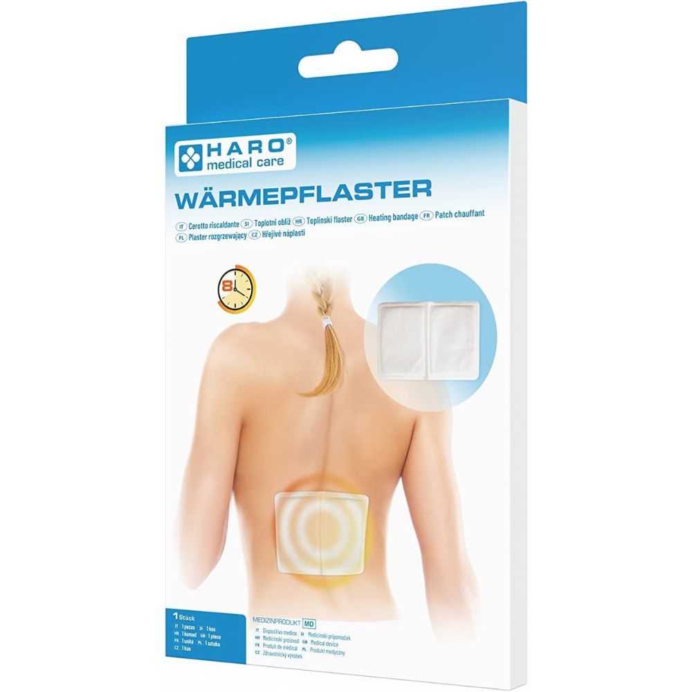 Verpakking met Haro Wärmepflaster. Opschrift: Haro Medical Care, Wärmepflaster. Illustratie: pleister op rug, geel gemarkeerd. Tekst in meerdere talen.