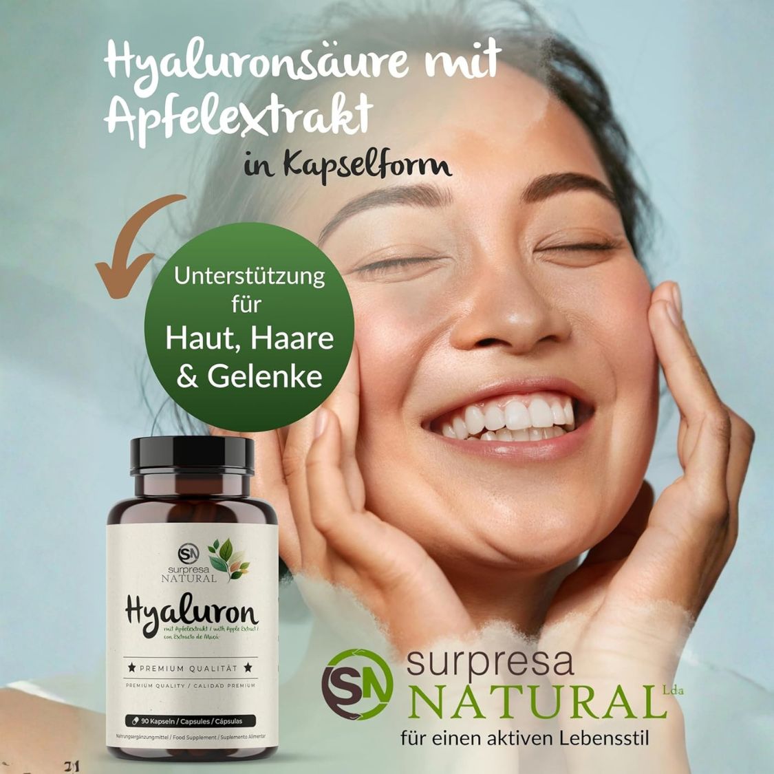 Fles Surpresa Natural Hyaluron capsules met appel-extract. Ondersteuning voor huid, haar & gewrichten.