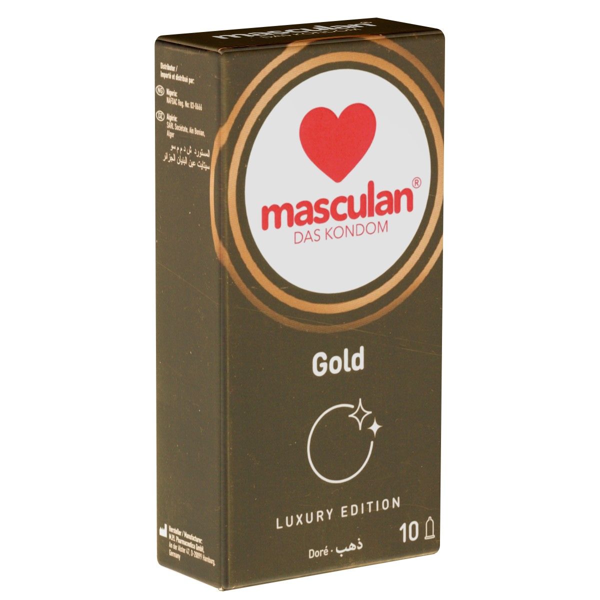 Verpakking van Masculan Gold condooms. Bruine doos met rood hart, merknaam en "Gold". 10 stuks.