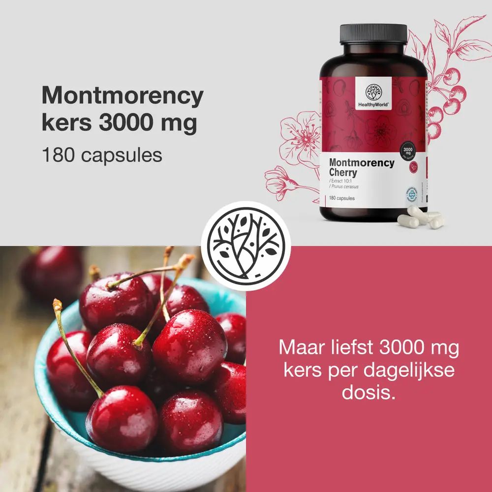 Kersen in kom. Fles met opschrift: Montmorency kers 3000 mg, 180 capsules. Logo: HealthyWorld.