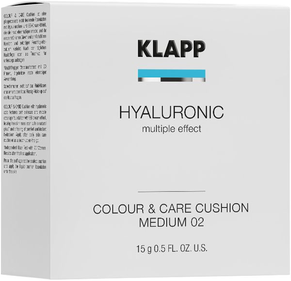 Klapp Hyaluronic Cushion. Witte verpakking met productinformatie. Opschrift: HYALURONIC multiple effect, COLOUR & CARE CUSHION MEDIUM 02.