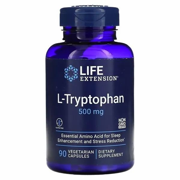 Life Extension L-Tryptophane 500 mg capsules. Complément alimentaire dans un flacon bleu.