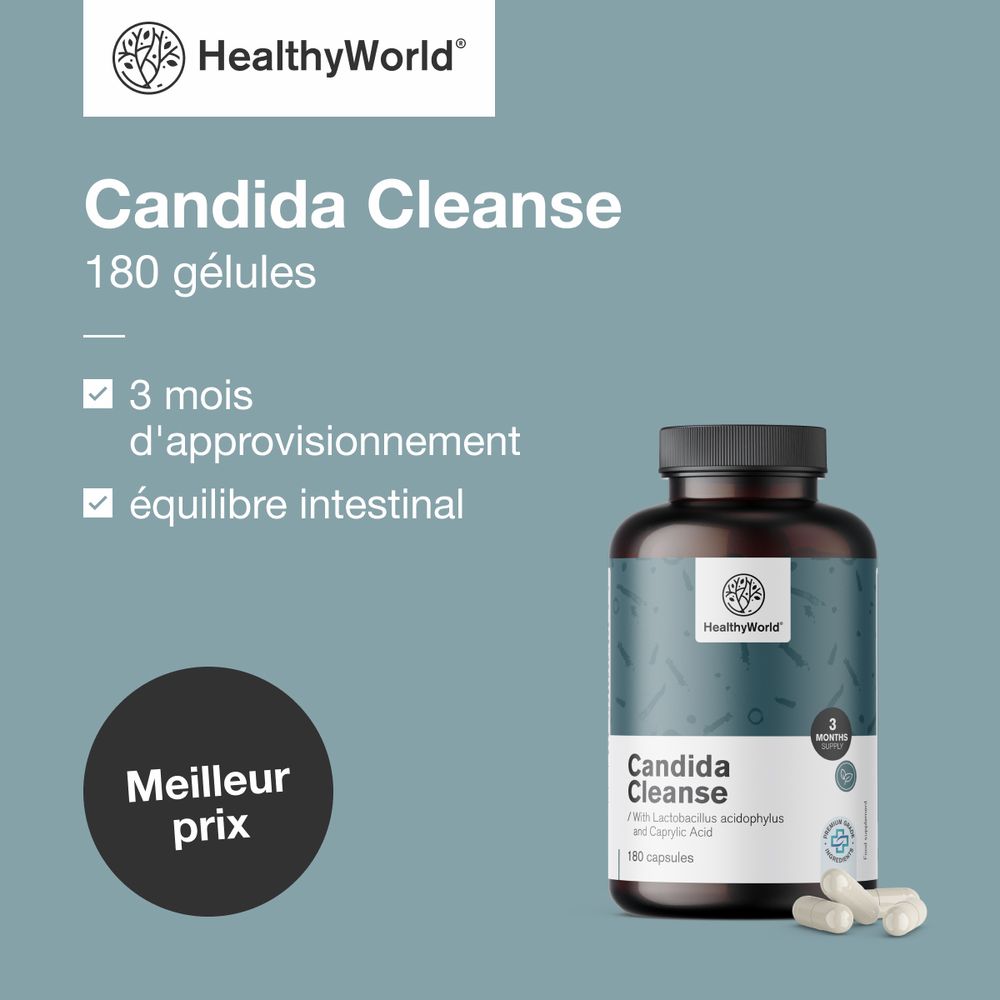Flacon de Candida Cleanse et gélules. Texte: 180 gélules, 3 mois d'approvisionnement, équilibre intestinal.