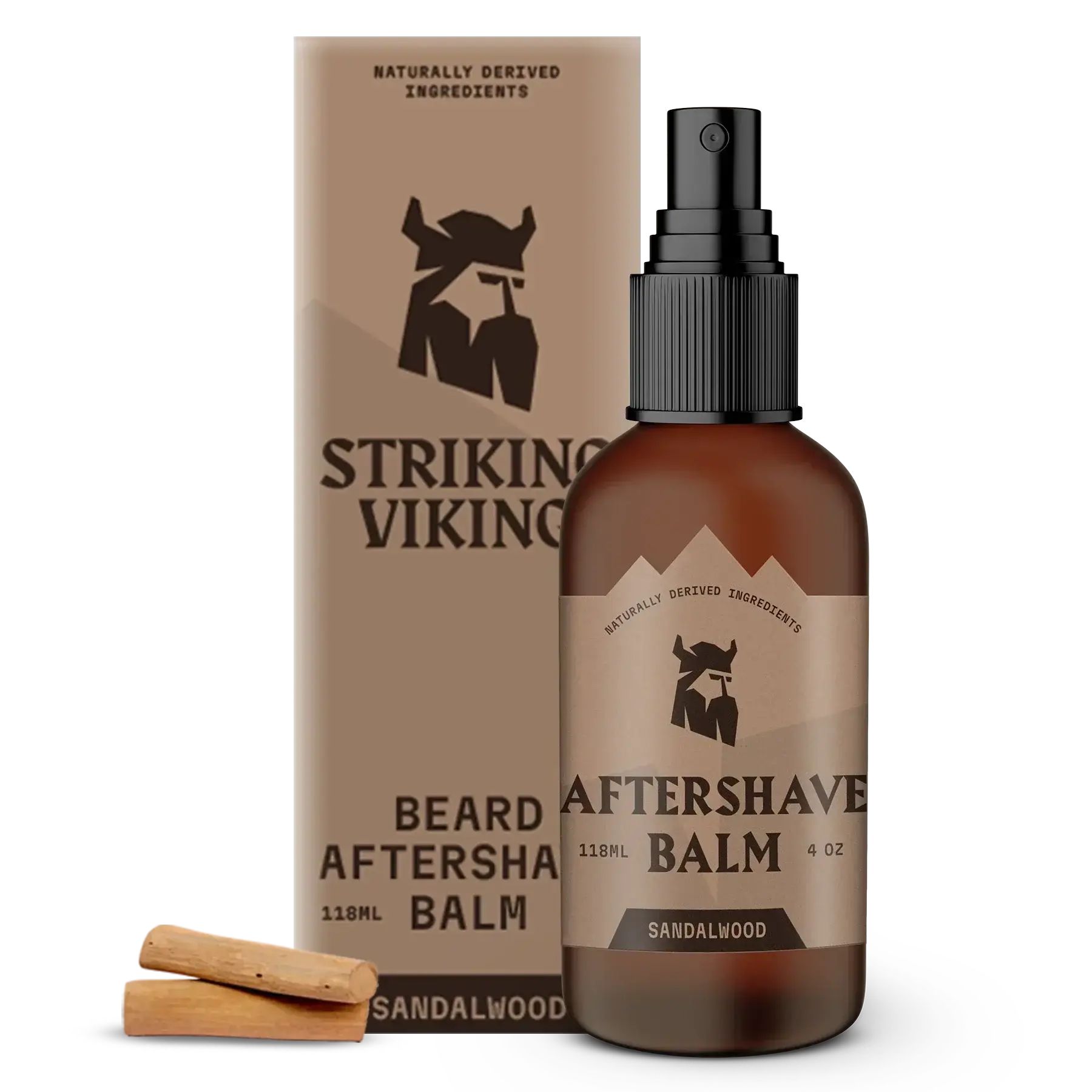 Flacon et emballage marron "STRIKING VIKING". Contient un baume après-rasage. Parfum bois de santal. Deux morceaux de bois à côté.