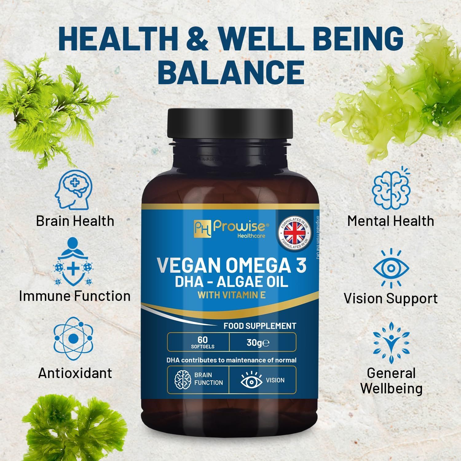 Flacon brun avec étiquette bleue. Inscription : Vegan Omega 3 DHA - Huile d'algues avec vitamine E. 60 gélules. Graphiques pour cerveau, immunité, vision.