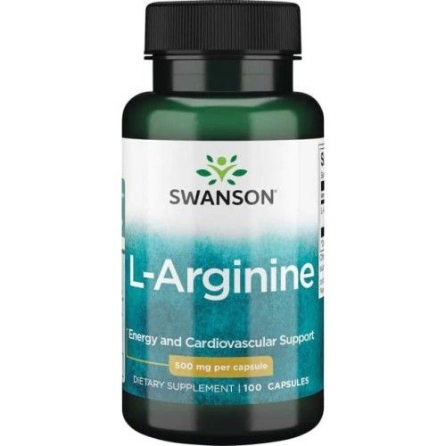 Groene fles met L-Arginine capsules, 500 mg per capsule, 100 capsules.