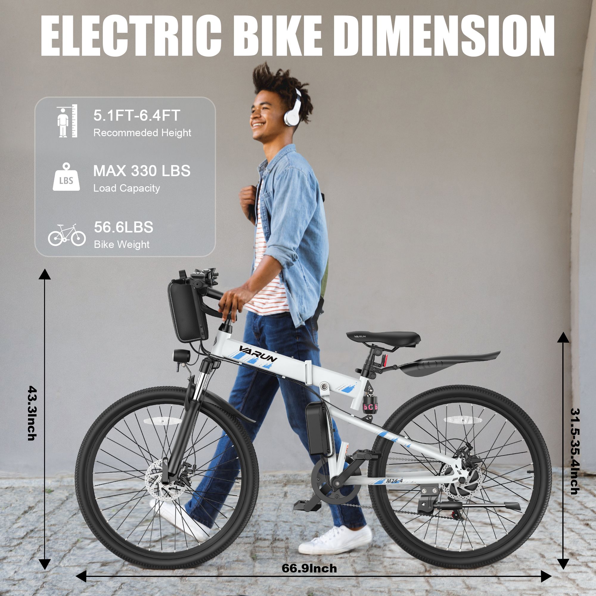 Vélo électrique à cadre blanc. Dimensions: 66,9 pouces de long, 43,3 pouces de haut, 31,5-35,4 pouces de haut. Texte: VARUN, max. 330 lbs, 56,6 lbs.