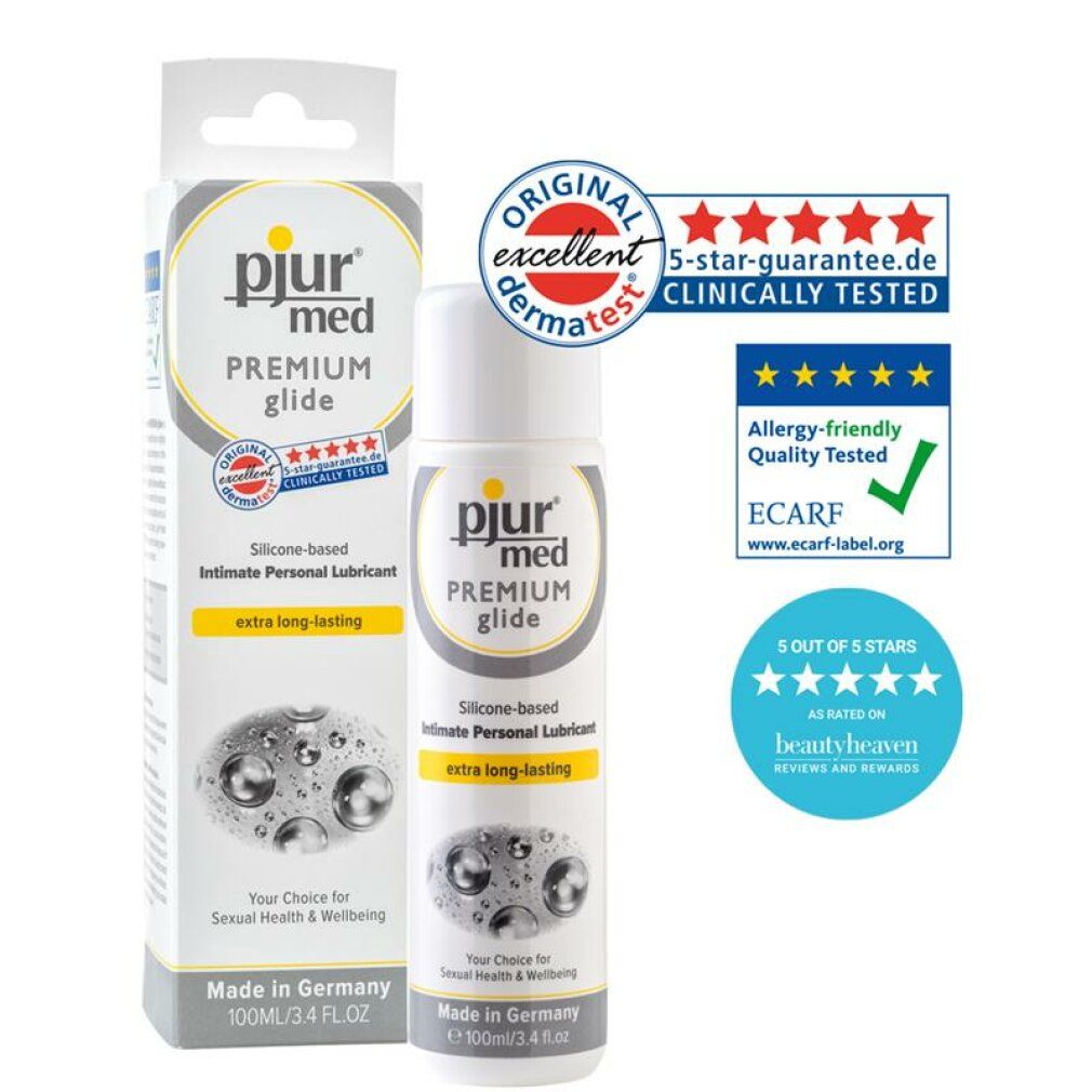 pjur med Premium Glide. Witte tube en verpakking. Opschrift: SILICONE-BASED PERSONAL LUBRICANT. Extra long-lasting. 100ml/3.4 FL.OZ. Certificeringen.