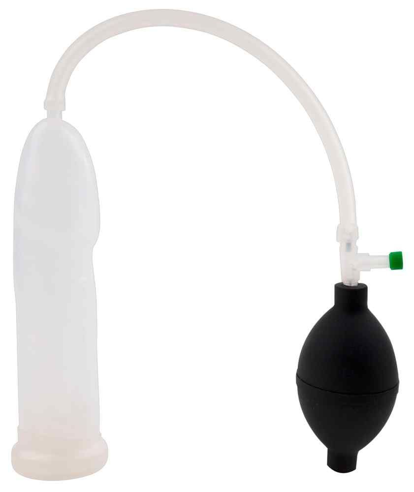 Anatomische penis pomp met transparante cilinder, zwarte balg en slang.