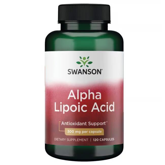 Flacon vert avec étiquette blanche. Inscription: SWANSON, Alpha Lipoic Acid, 300 mg par capsule, 120 capsules.