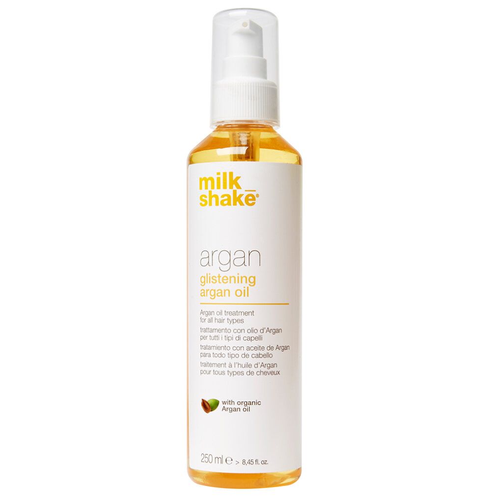 Traitement à l'huile capillaire en flacon avec pompe. Inscription : Milk Shake, Argan Glistening Argan Oil. 250 ml.