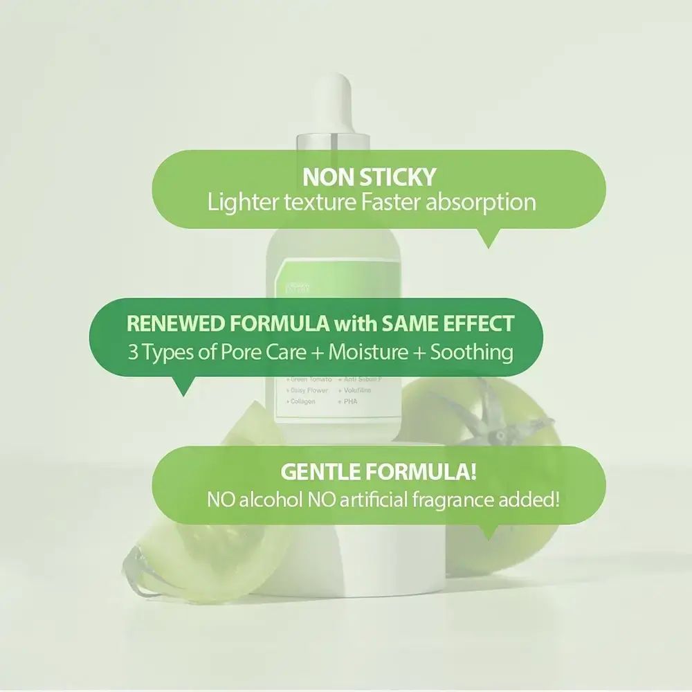 Fles met tekstballonnen. Beschrijft textuur, formule en ingrediënten. Groene tomaten op de achtergrond.