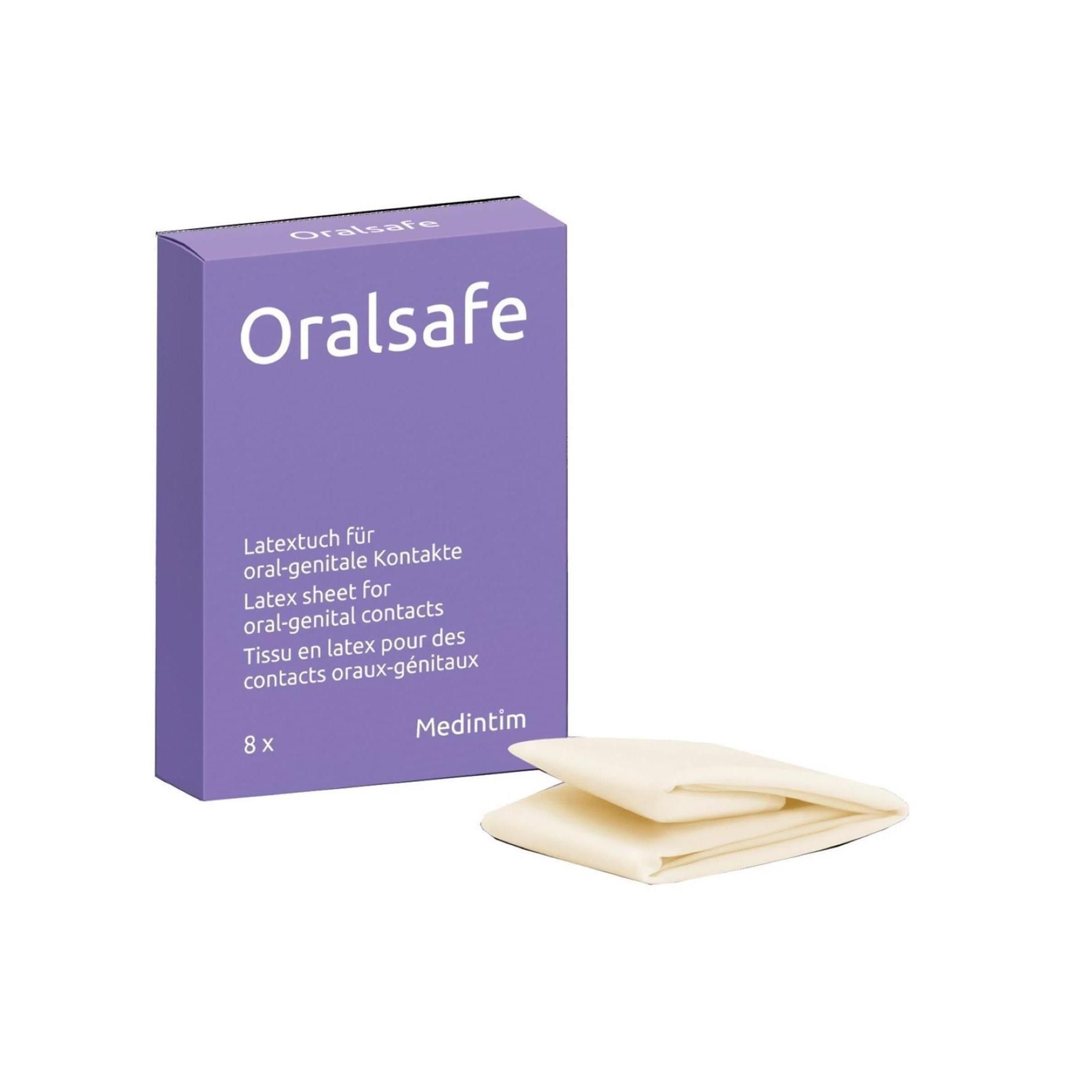 Paarse doos met witte tekst "Oralsafe". Daaronder latex doekjes. 8 stuks. Medintim.