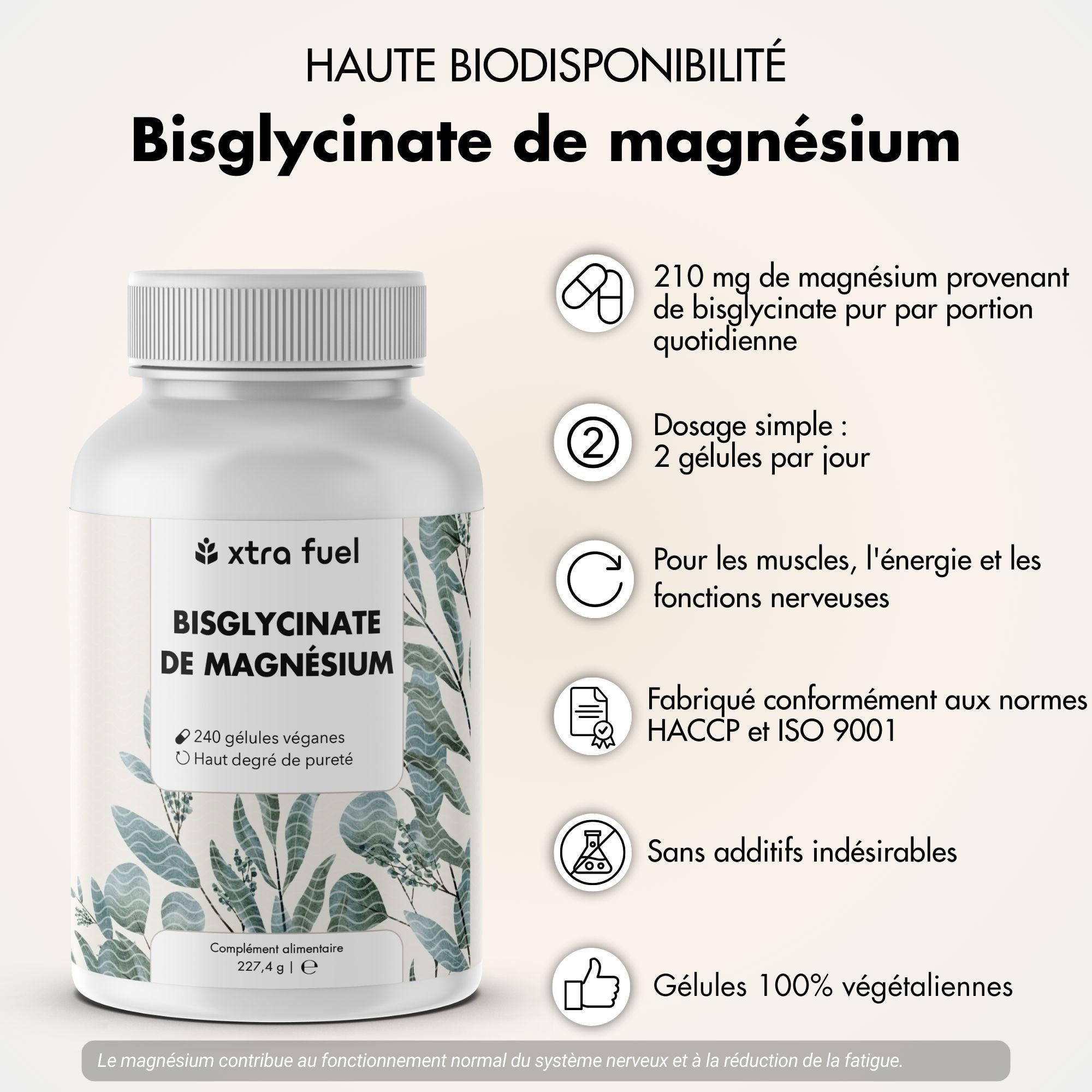 Flacon blanc de gélules. Texte: XTRA FUEL Magnesium Bisglycinat. 240 gélules végétales. Détails.