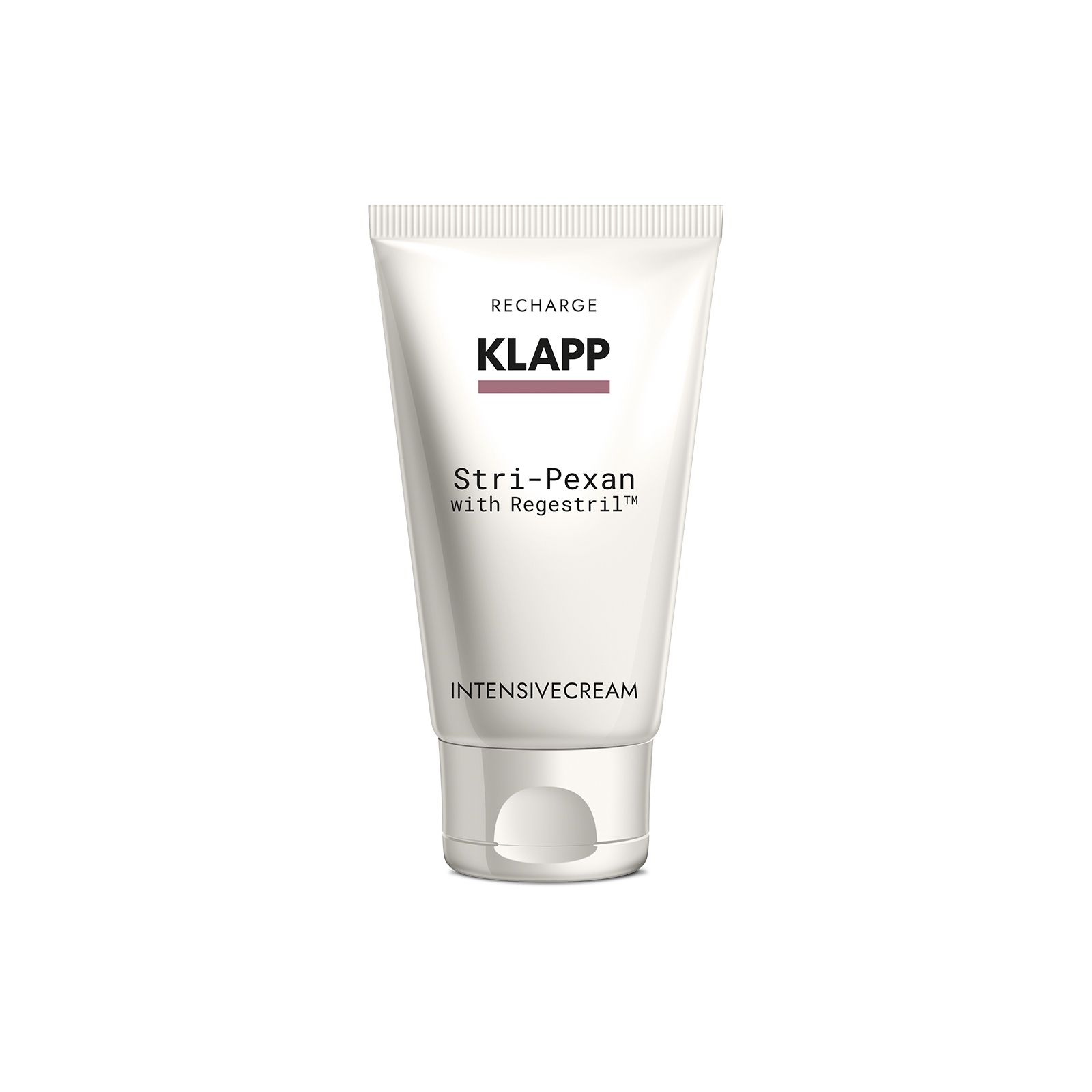 Witte tube met Klapp-logo en tekst Stri-Pexan Intensivecream. Opschrift met Regestril.