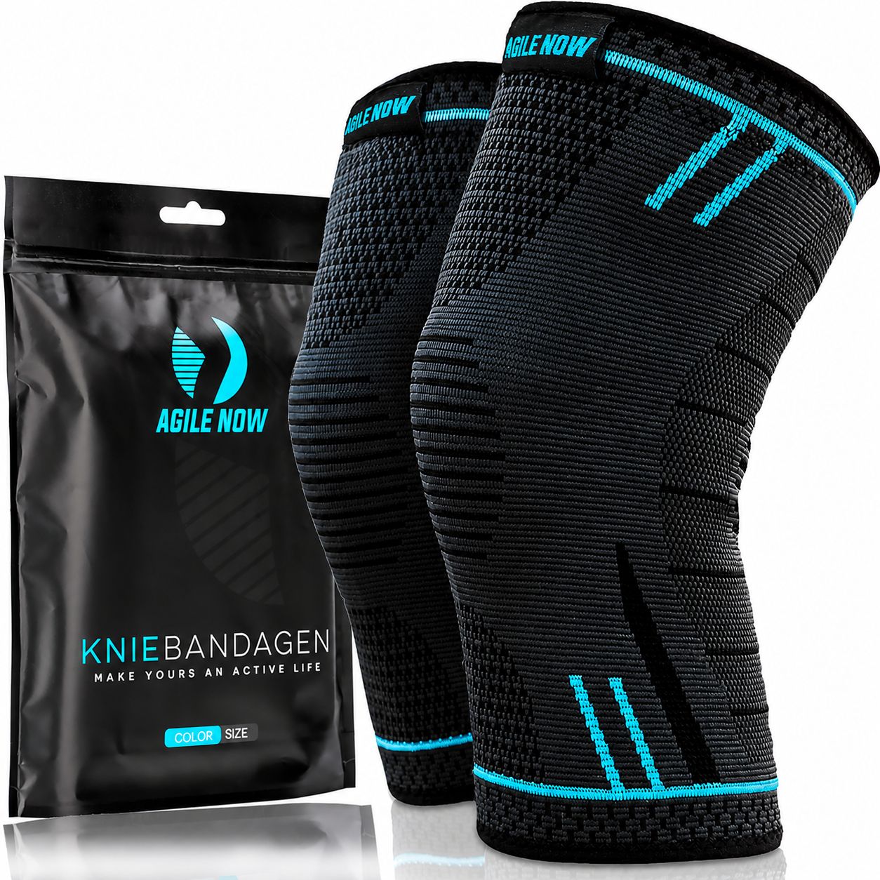 Twee kniebraces in een verpakking. Zwarte bandages met blauwe accenten. Merk: AGILE NOW.