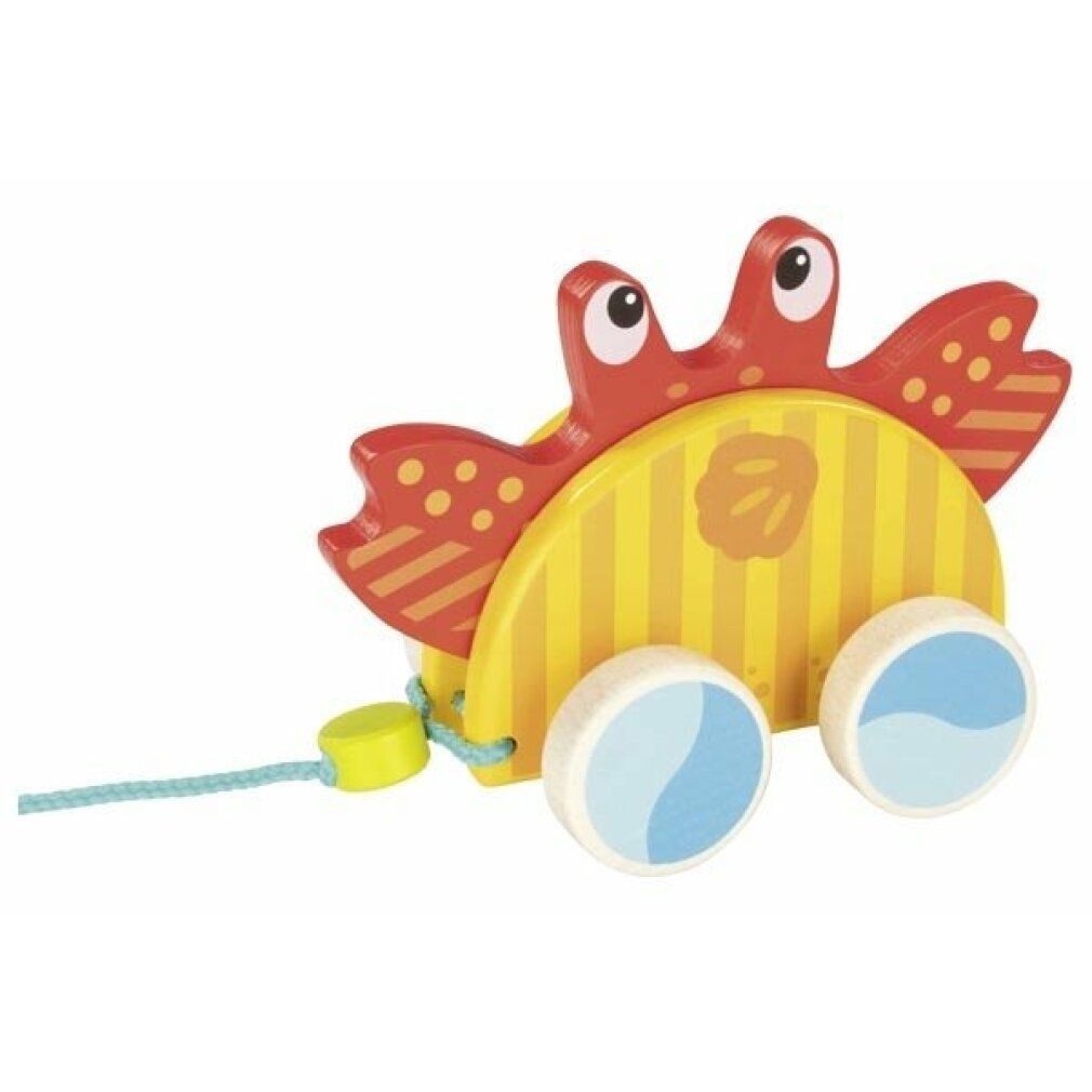 Crabe en bois à tirer. Design jaune et orange. Deux roues avec accents bleus. Pinces rouges.