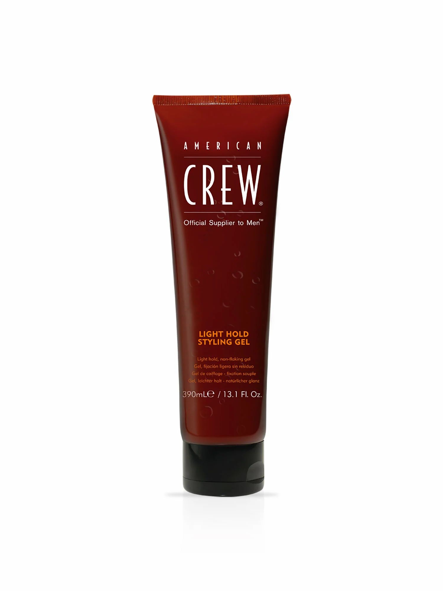 Bruine tube met zwarte dop. Opschrift: American Crew, Light Hold Styling Gel. 390ml/13.1 fl. oz.