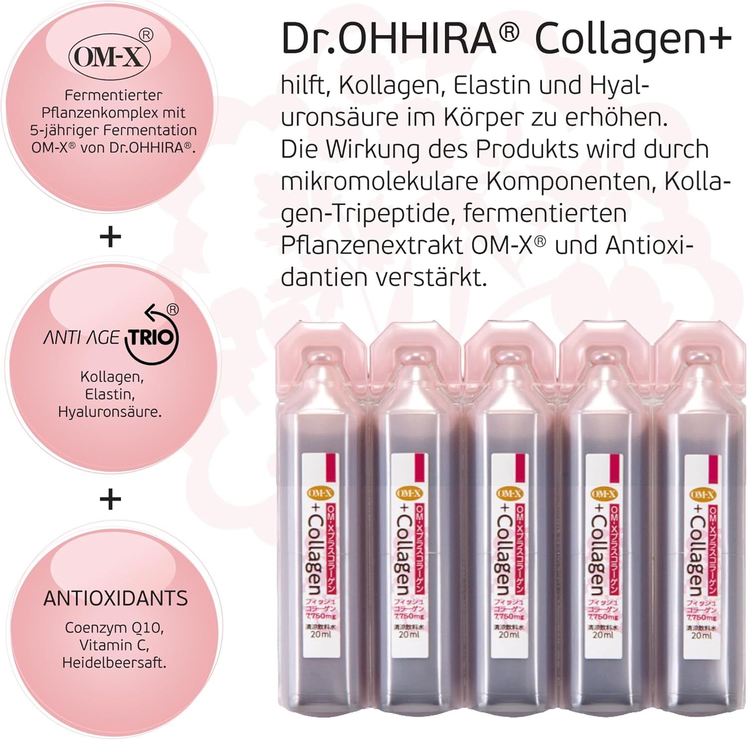 Cinq ampoules buvables Dr. OHHIRA Collagen+ de 20 ml, 7750 mg de collagène par flacon.