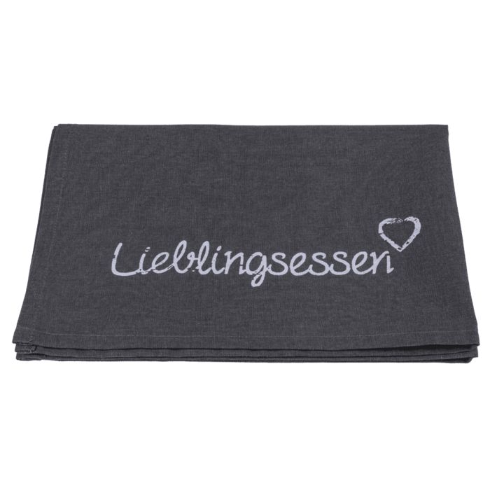 Donkergrijze handdoek met witte tekst "Lieblingsessen" en hartsymbool. Gevouwen.