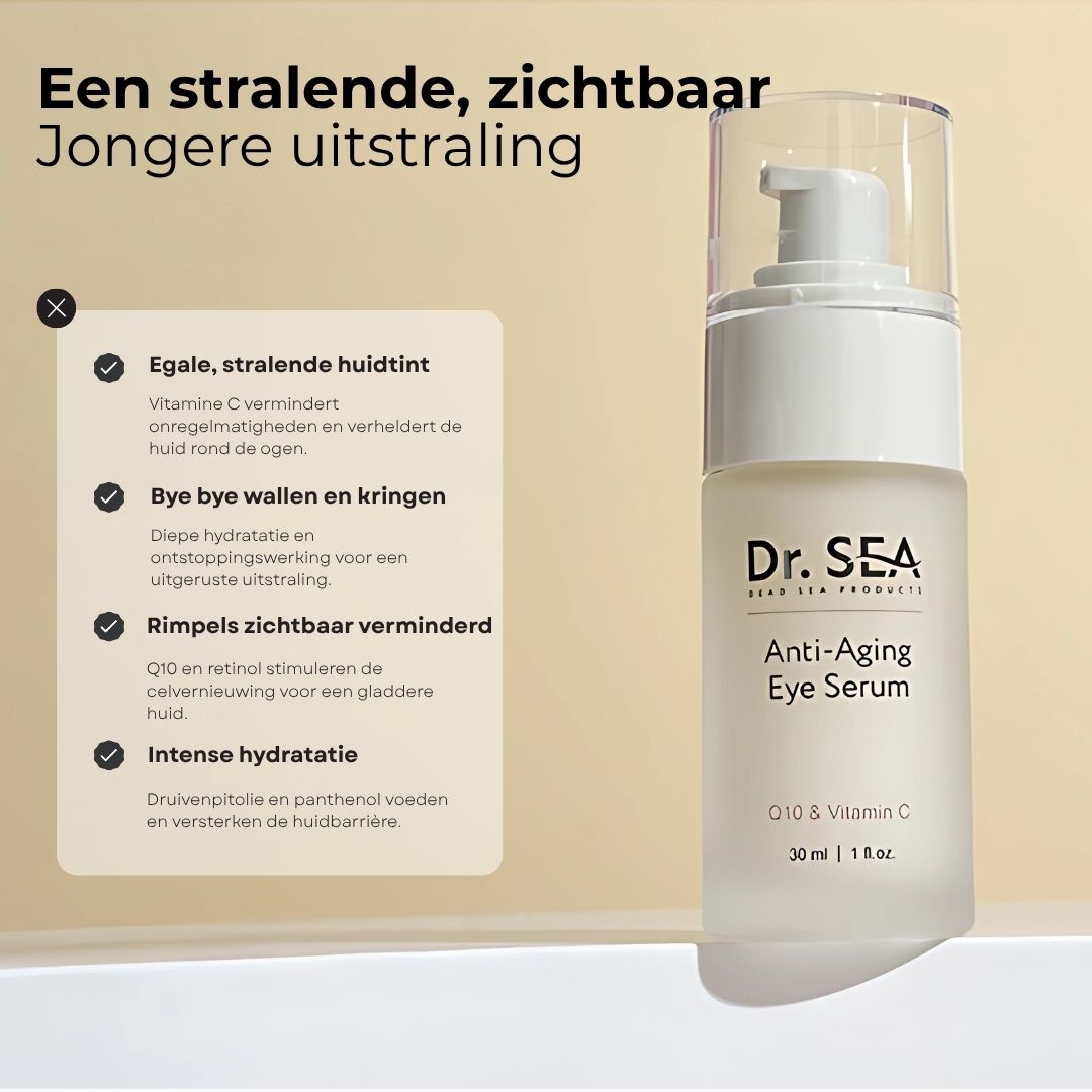 Oogserumfles met tekst. Tekst: Dr. SEA, Anti-Aging Eye Serum, Q10 & Vitamine C. Voordelen: stralende huid, minder rimpels.