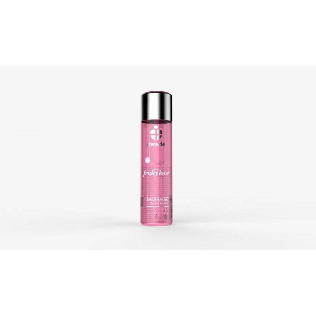 Bouteille avec bouchon argenté, remplie d'huile de massage rose. Étiquette indiquant 'swede fruity love massage'.