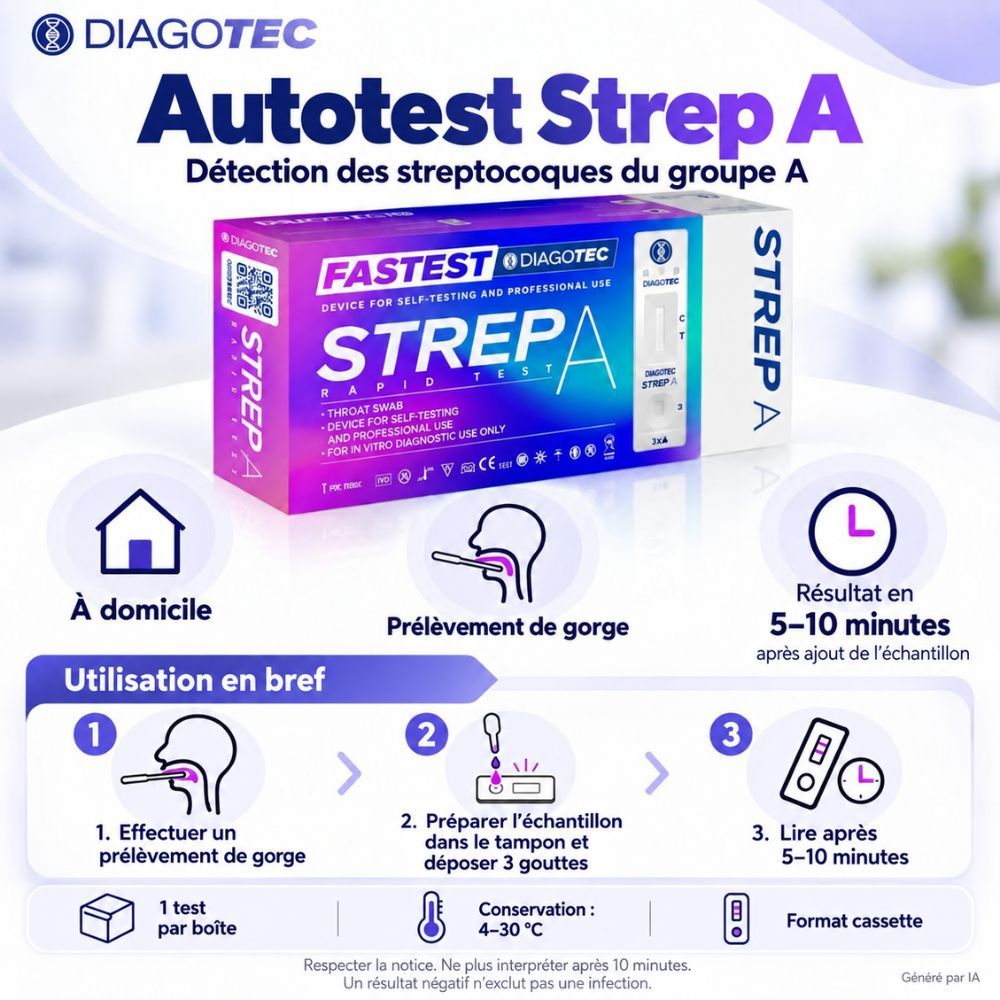 Boîte de test rapide pour streptocoques du groupe A pour usage domestique.
