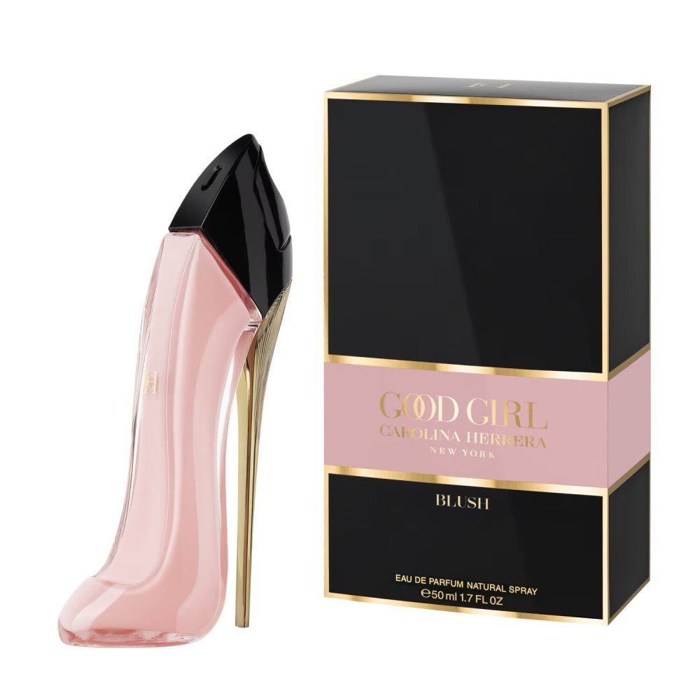 Flacon de parfum rose en forme de chaussure et boîte noire. Inscription : GOOD GIRL BLUSH, Eau de Parfum.