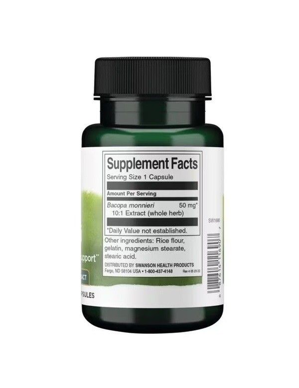 Arrière d'un emballage de gélules vertes avec 'Supplement Facts' et informations posologiques.