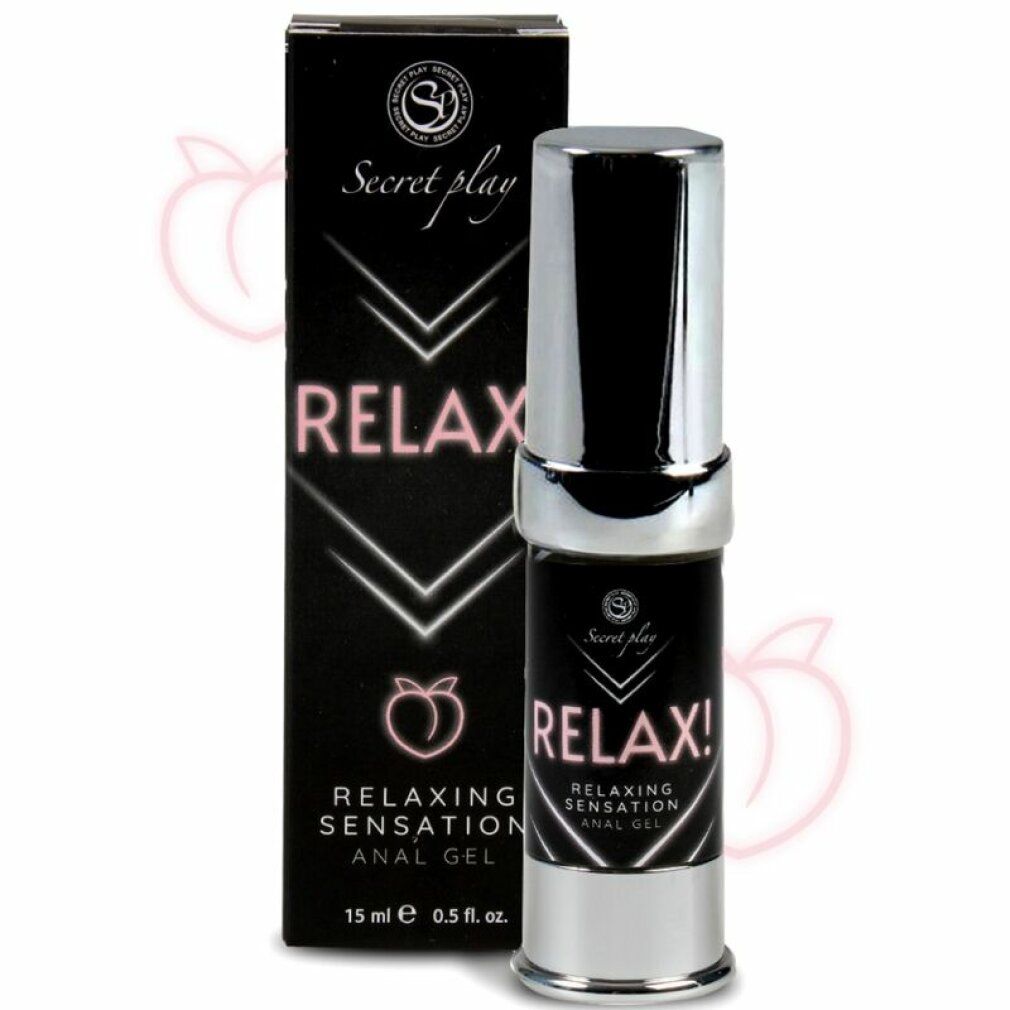 Emballage et flacon noirs. Inscription "Secret Play Relax!" et "Relaxing Sensation Anal Gel". Bouchon et base argentés.