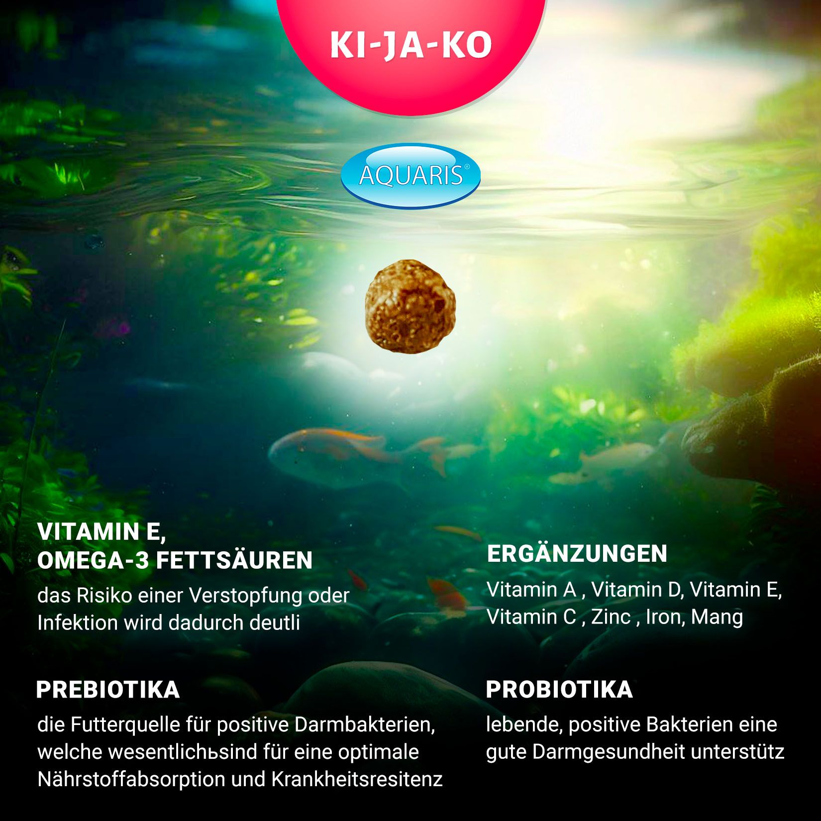 KI-JA-KO logo en afbeelding van voerpellets. Tekst: Vitamine E, omega-3 vetzuren, prebiotica, probiotica, supplementen.