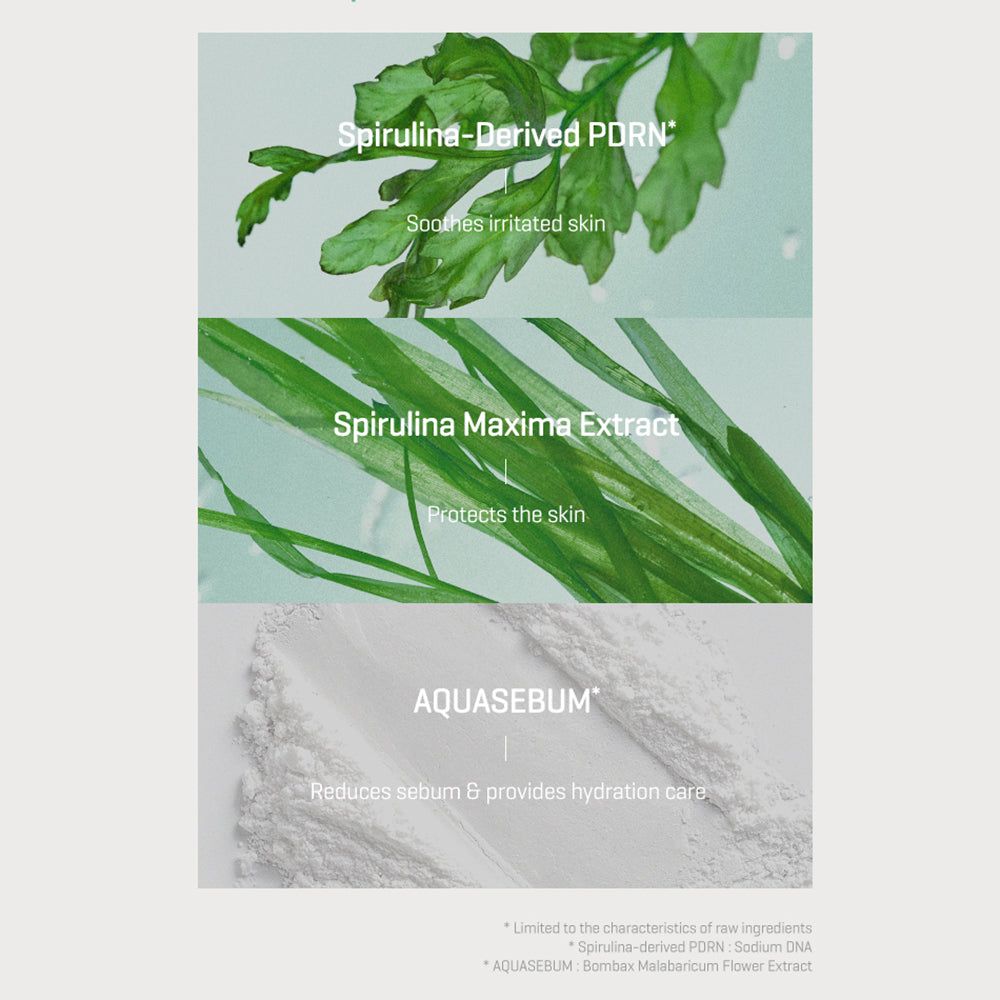 Graphique avec ingrédients : Spirulina-PDRN, Spirulina Maxima Extract, AQUASEBUM. Décrit leurs effets sur la peau.