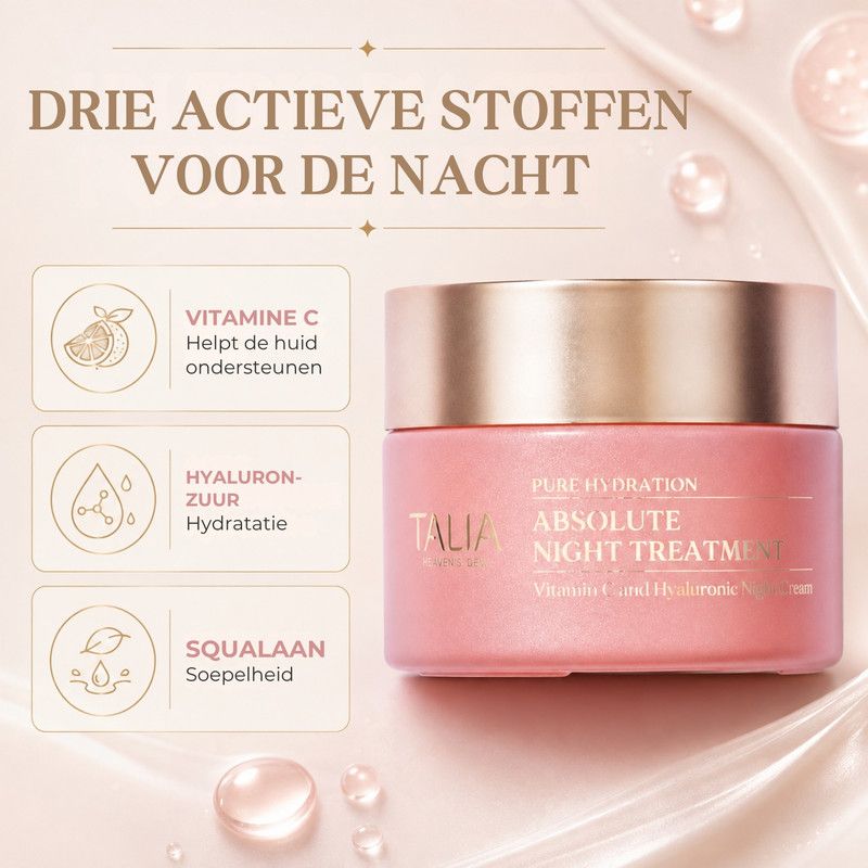 Een pot Talia Absolute Night Treatment van 50 ml. Bevat Vitamine C & Hyaluronzuur. Hydrateert, verzacht en laat stralen.