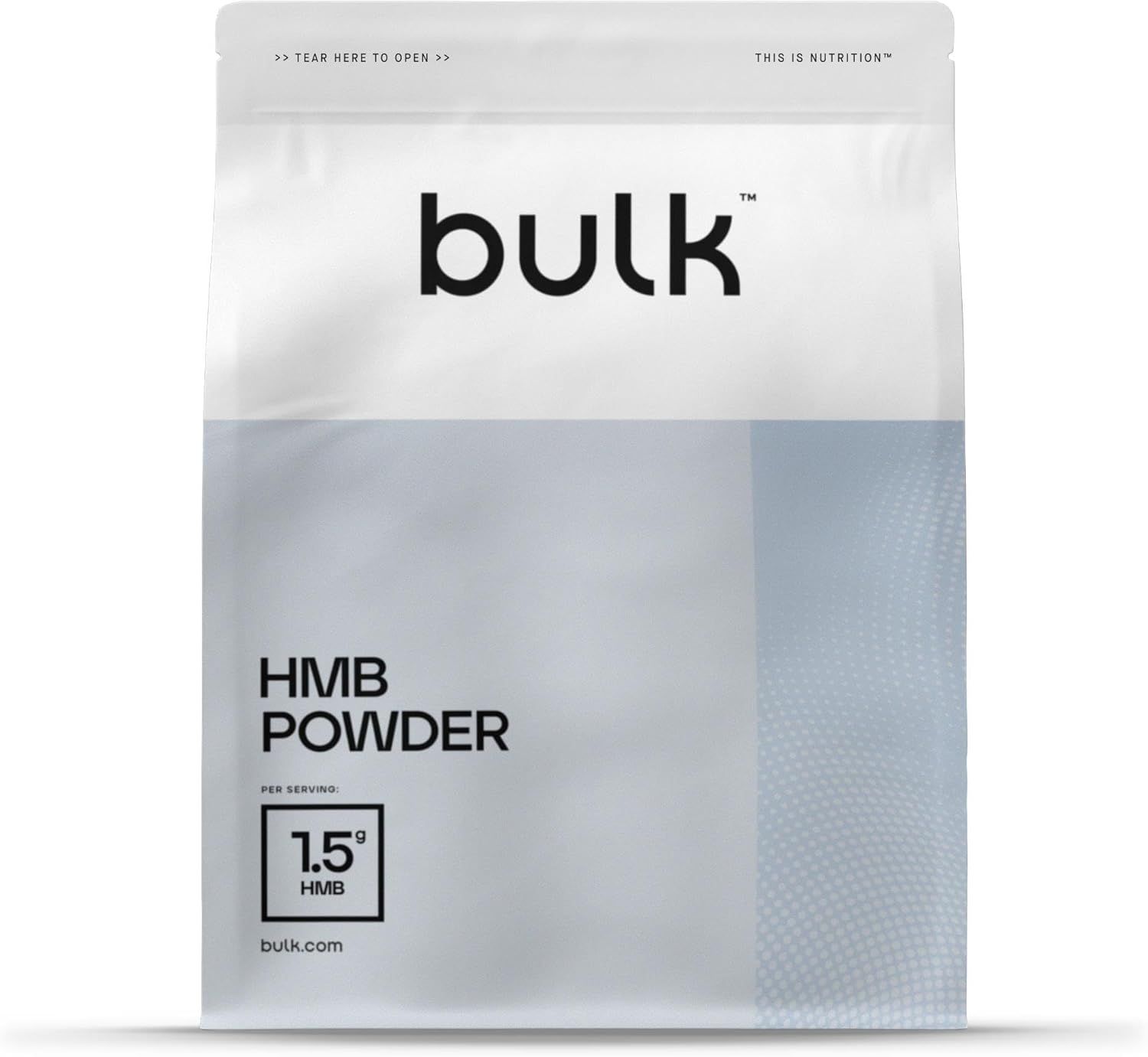 Sachet "bulk" avec "HMB POWDER". 1,5g HMB par portion. Emballage blanc et gris.