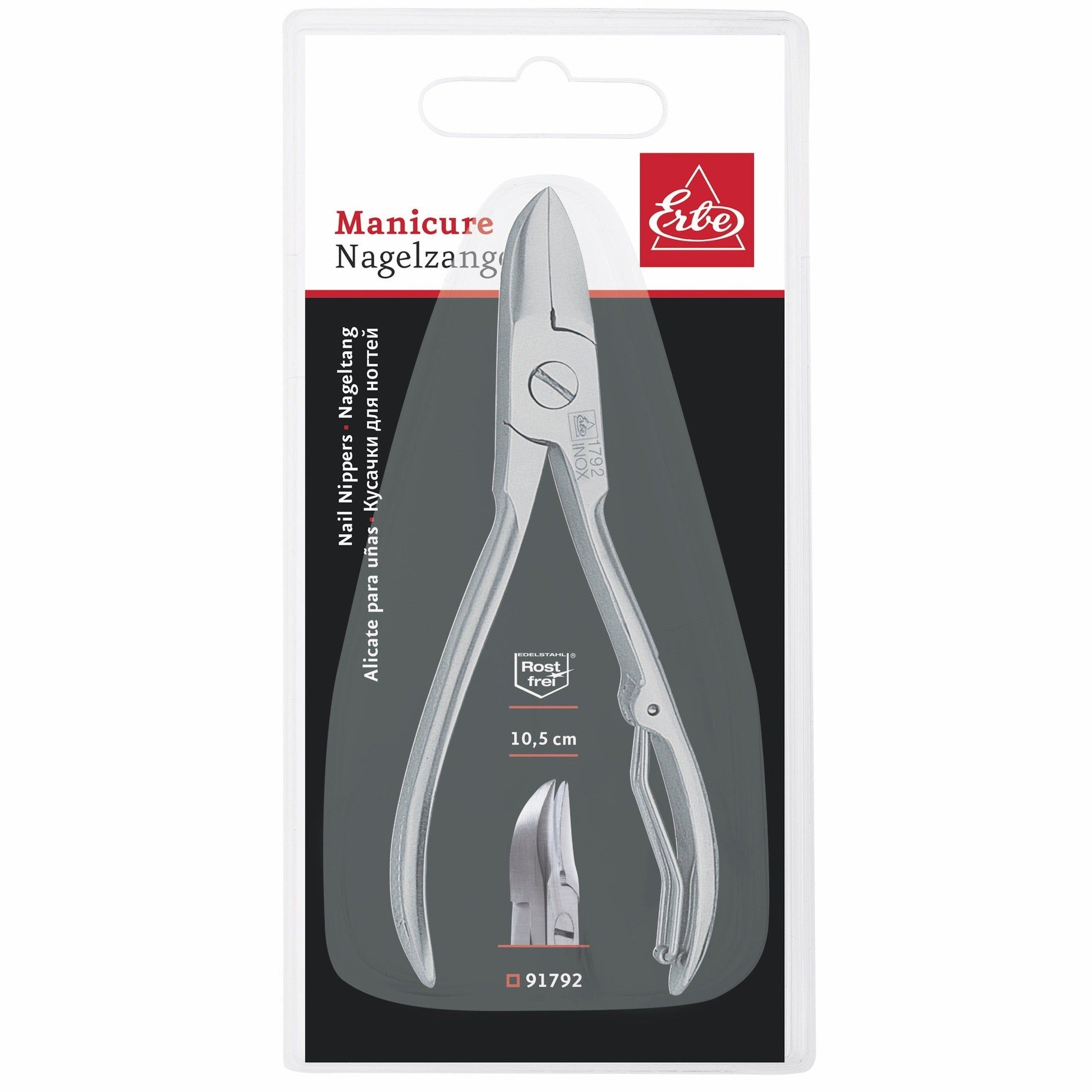 INOX nagelknipper in blisterverpakking. Zilverkleurig metaal, 10,5 cm. Merk: Erbe. Tekst: Manicure Nagelzange, roestvrij.
