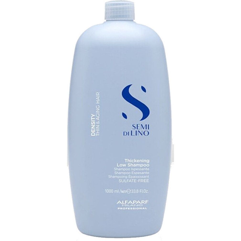 Bouteille bleu clair Semi Di Lino Thickening Low Shampoo, 1300 ml, sans sulfate.
