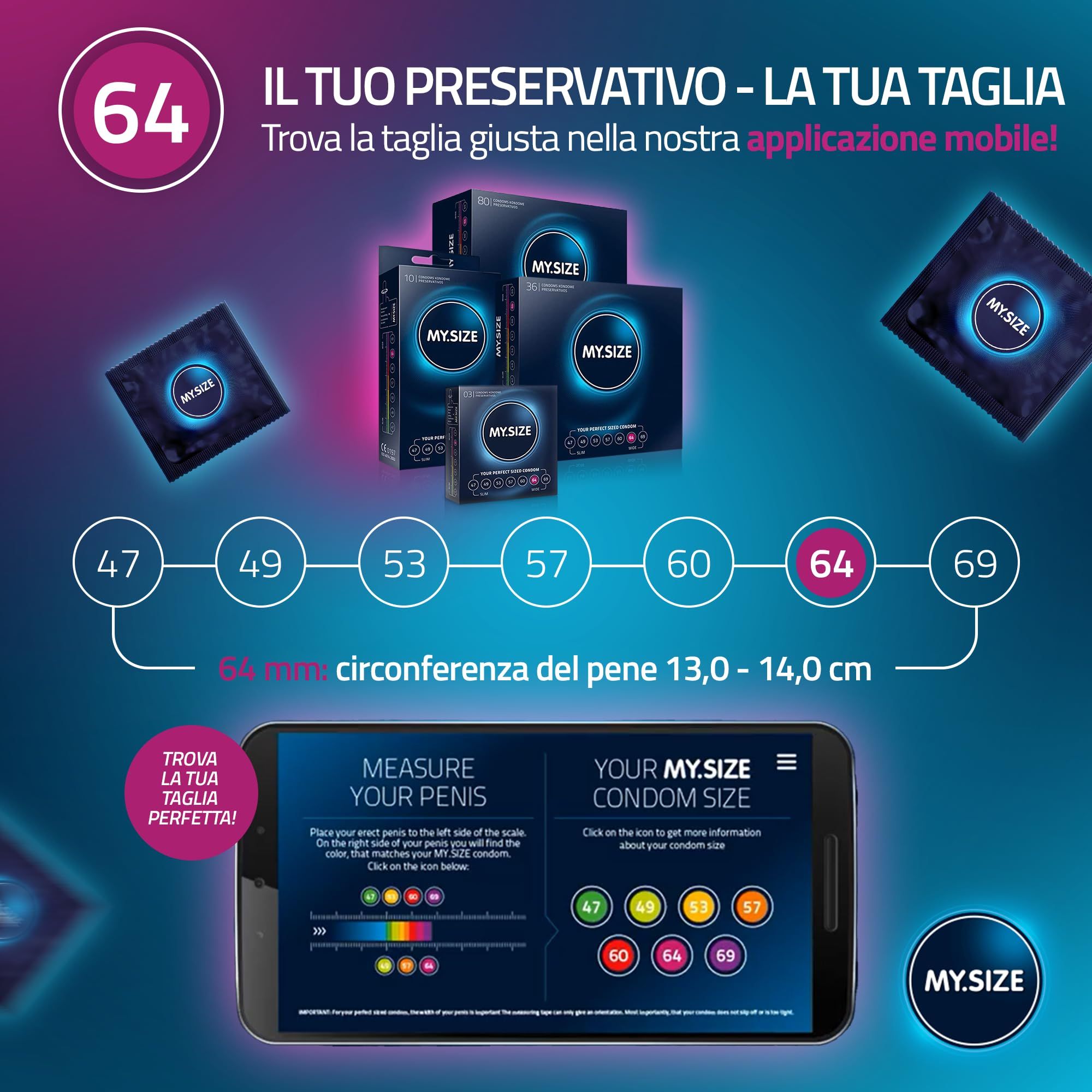 MY.SIZE Classic 64mm : Aperçu des tailles, indication d'application, smartphone avec localisateur.