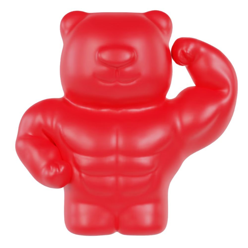 Ours en gélatine rouge en forme d'ours avec des bras musclés. Pas d'emballage ni de texte visible.