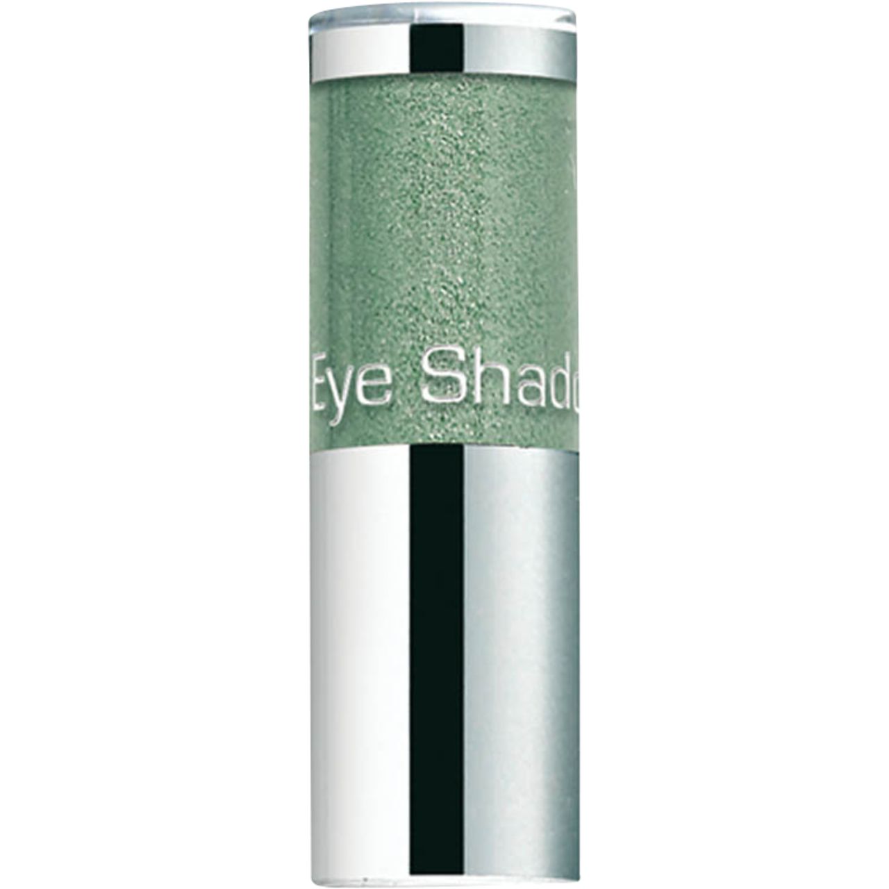 Cilindrische houder met groene oogschaduw. Zilverkleurig deksel en onderkant. Opschrift: Eye Shadow.