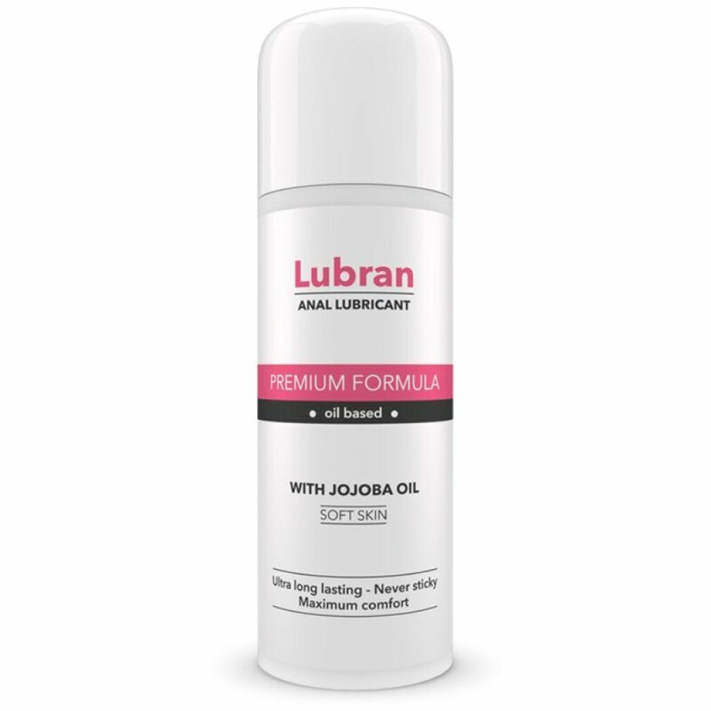 Flacon blanc avec Lubran Anal Lubricant, huile de jojoba, formule premium, texture à base d'huile.