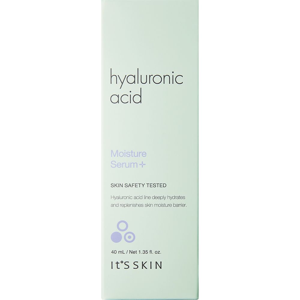 Emballage vert clair. Inscription: Hyaluronic Acid, Moisture Serum+, It's Skin. Texte sur l'hydratation. 40 ml.