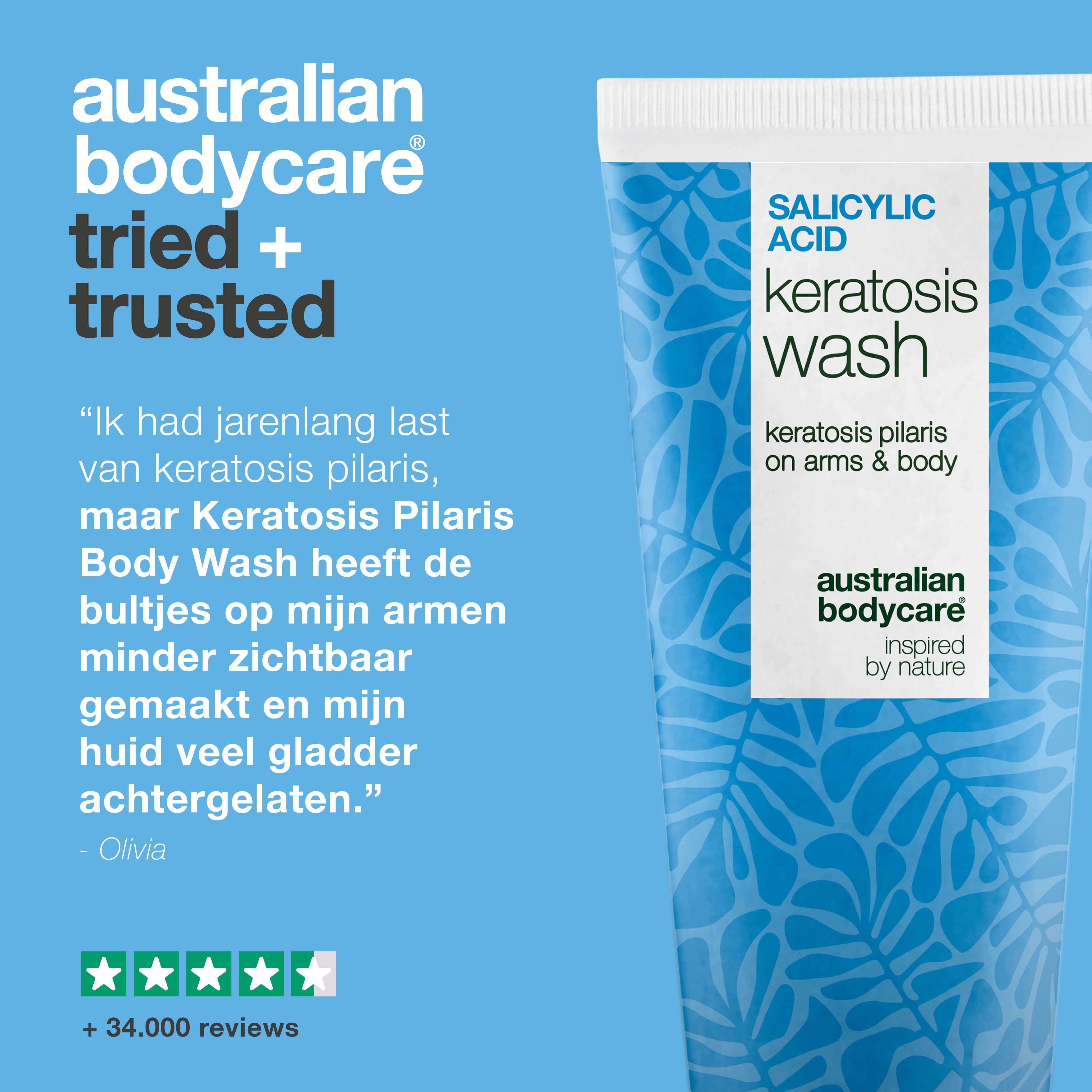 Tube met tekst: Salicylic Acid Keratosis Wash. Merk: Australian Bodycare. Citaat: Olivia. 5 sterren beoordeling.