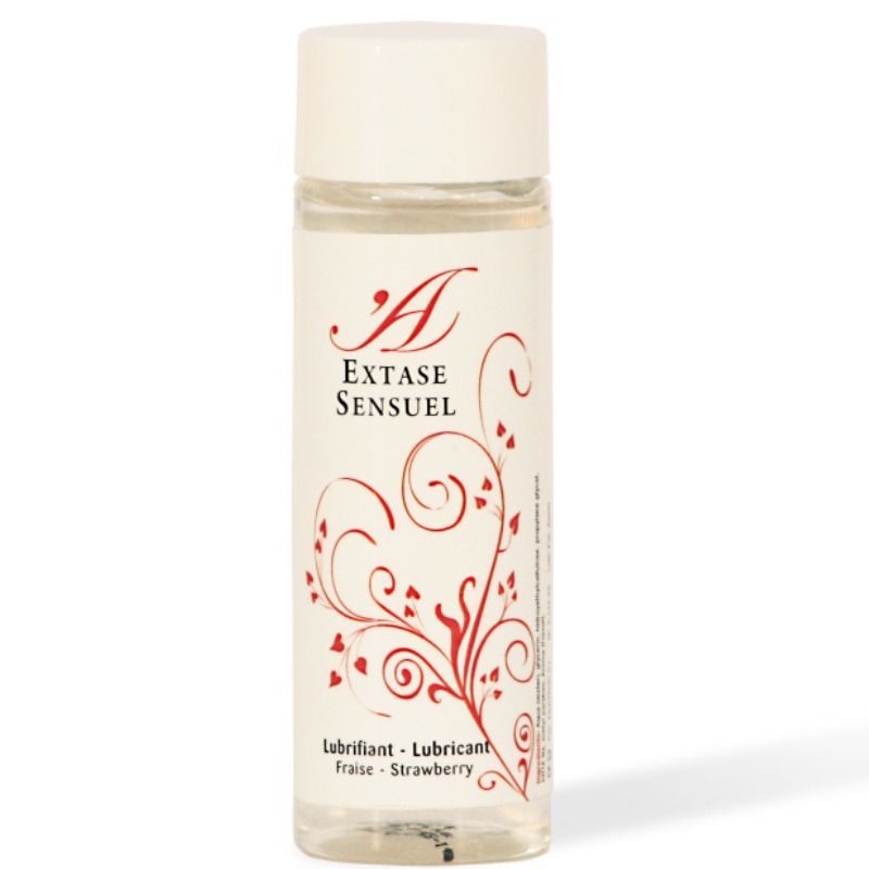 Flacon de lubrifiant, inscription "Extase Sensuel", saveur fraise.
