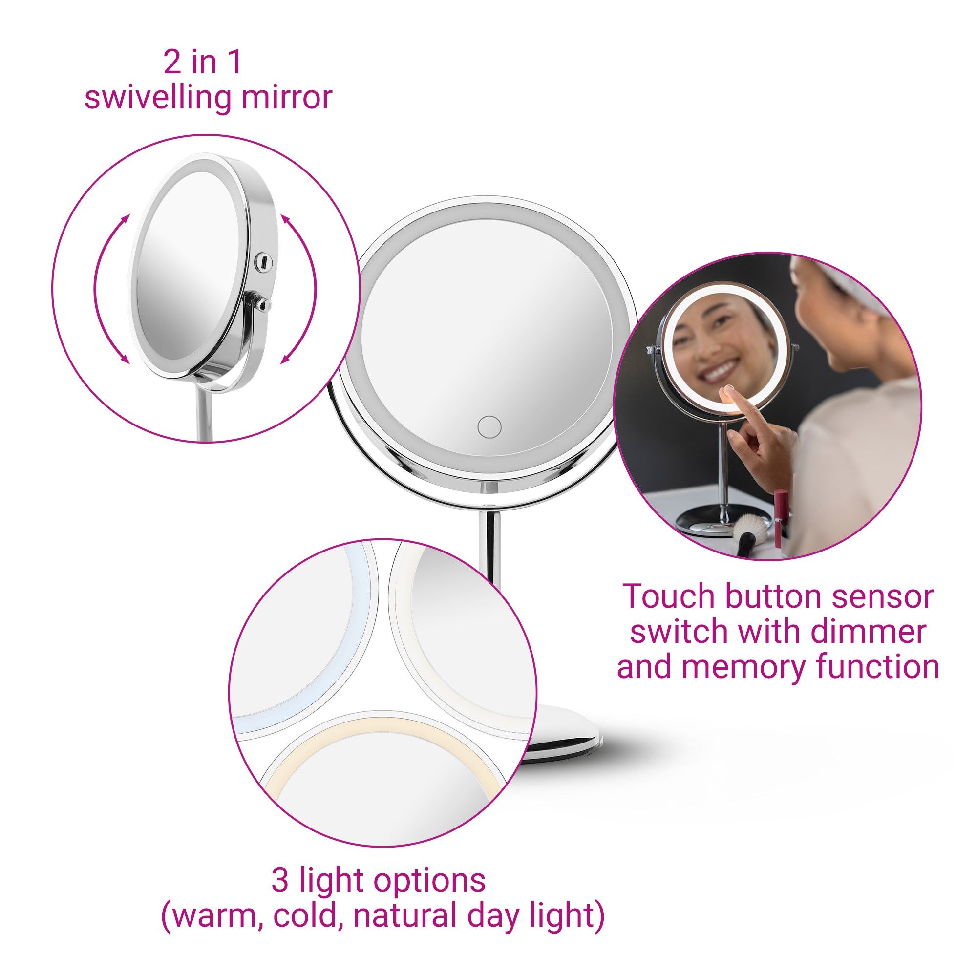 Miroir cosmétique avec éclairage LED, fonction 2 en 1, pivotant. 3 options de lumière : chaude, froide, lumière du jour. Interrupteur tactile.
