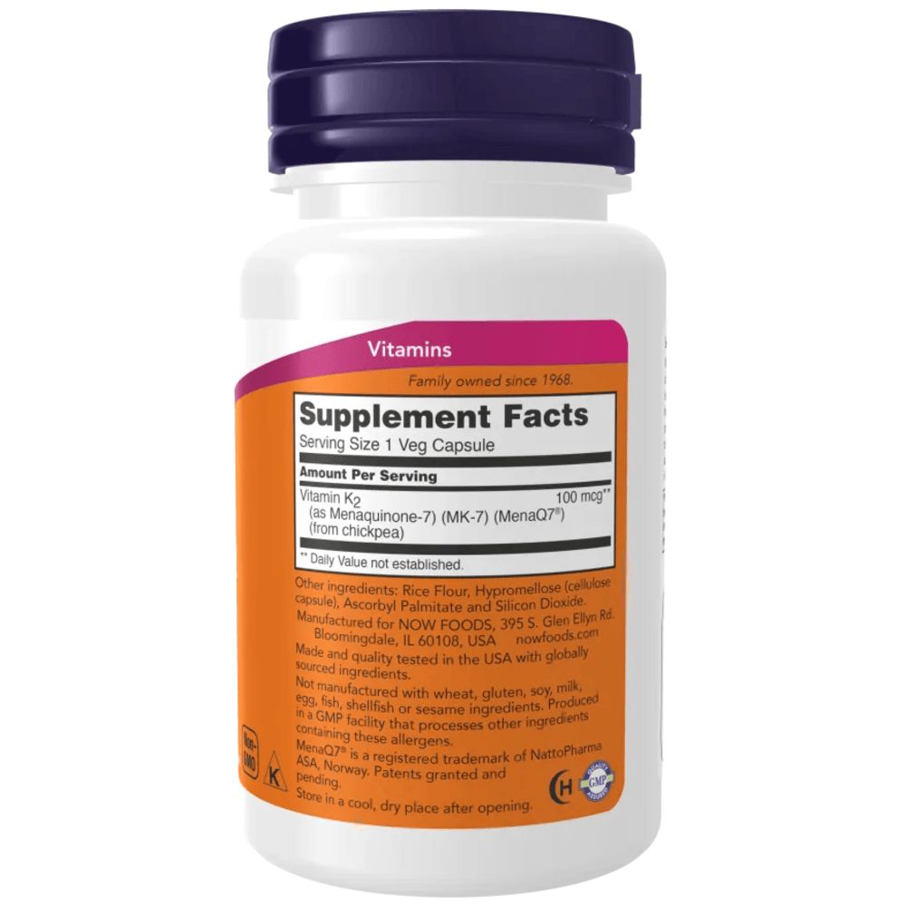 Dos du flacon. Affiche les informations nutritionnelles et les ingrédients. Contient de la vitamine K2. Fabriqué par NOW FOODS.