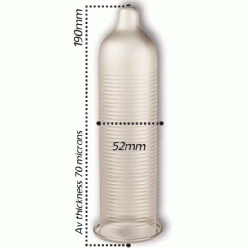 Condoom met afmetingen. Lengte 190mm, diameter 52mm, dikte 70 micron. Transparant materiaal.
