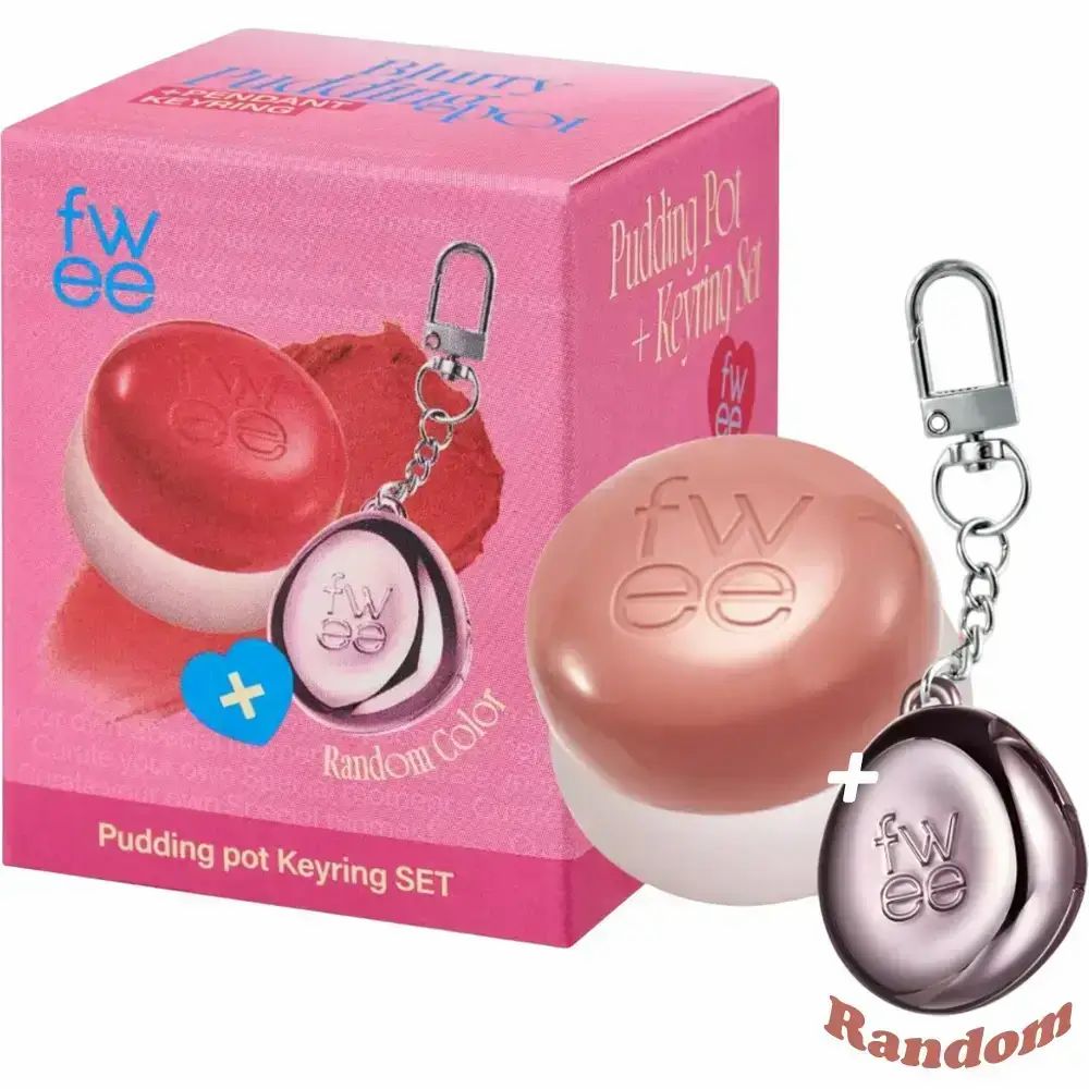 Verpakking met FWEE Lip & Cheek Pudding Pot en sleutelhanger. Twee producten en een sleutelhanger.