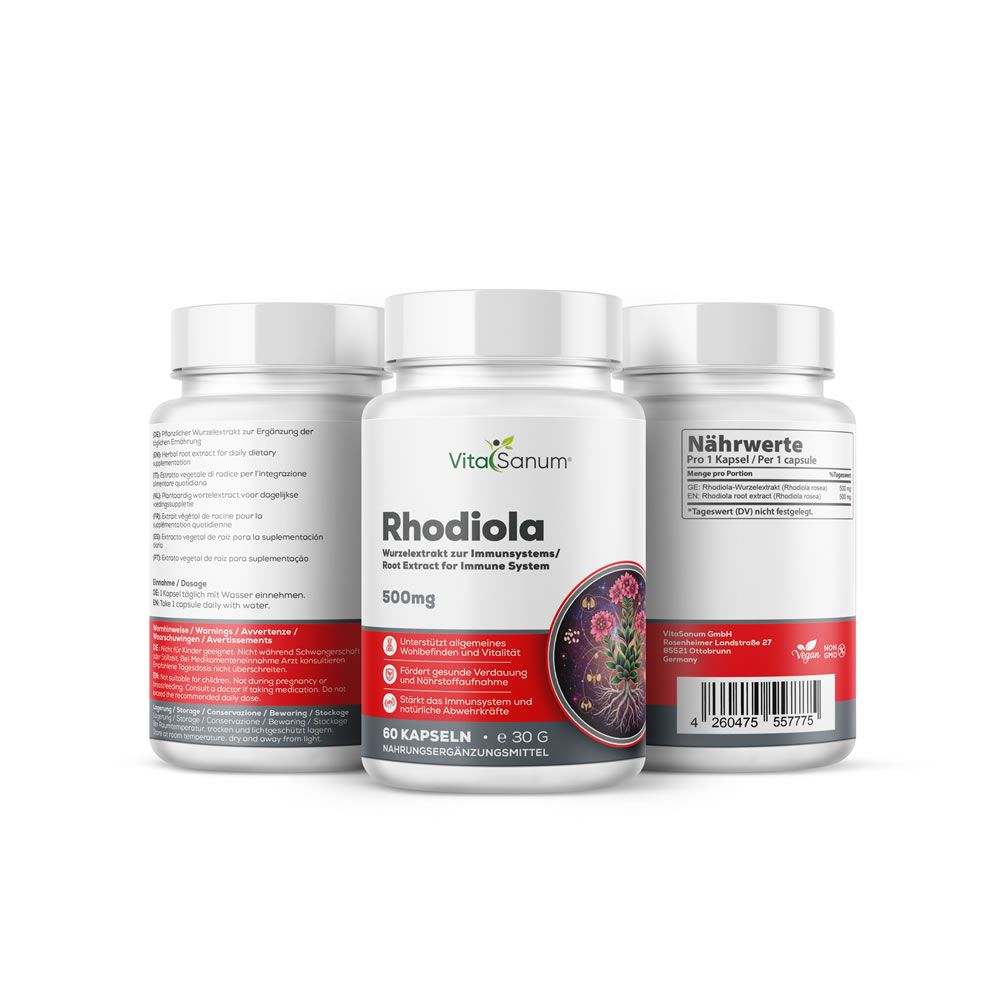 Trois flacons blancs VitaSanum Rhodiola. Étiquettes rouges avec texte. 60 gélules. 500mg. Illustration de rhodiola.