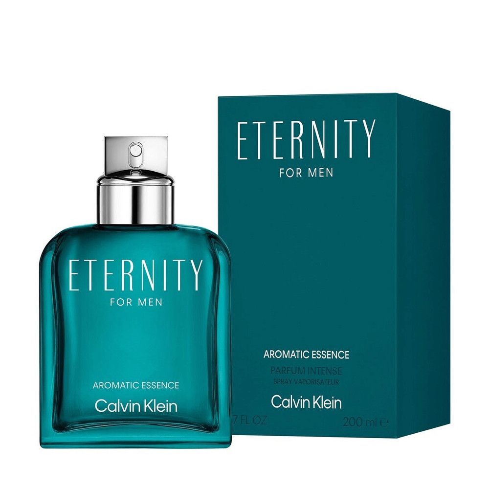Flacon et emballage turquoise. Bouchon argenté. Inscription : Eternity for Men Aromatic Essence. Marque : Calvin Klein.